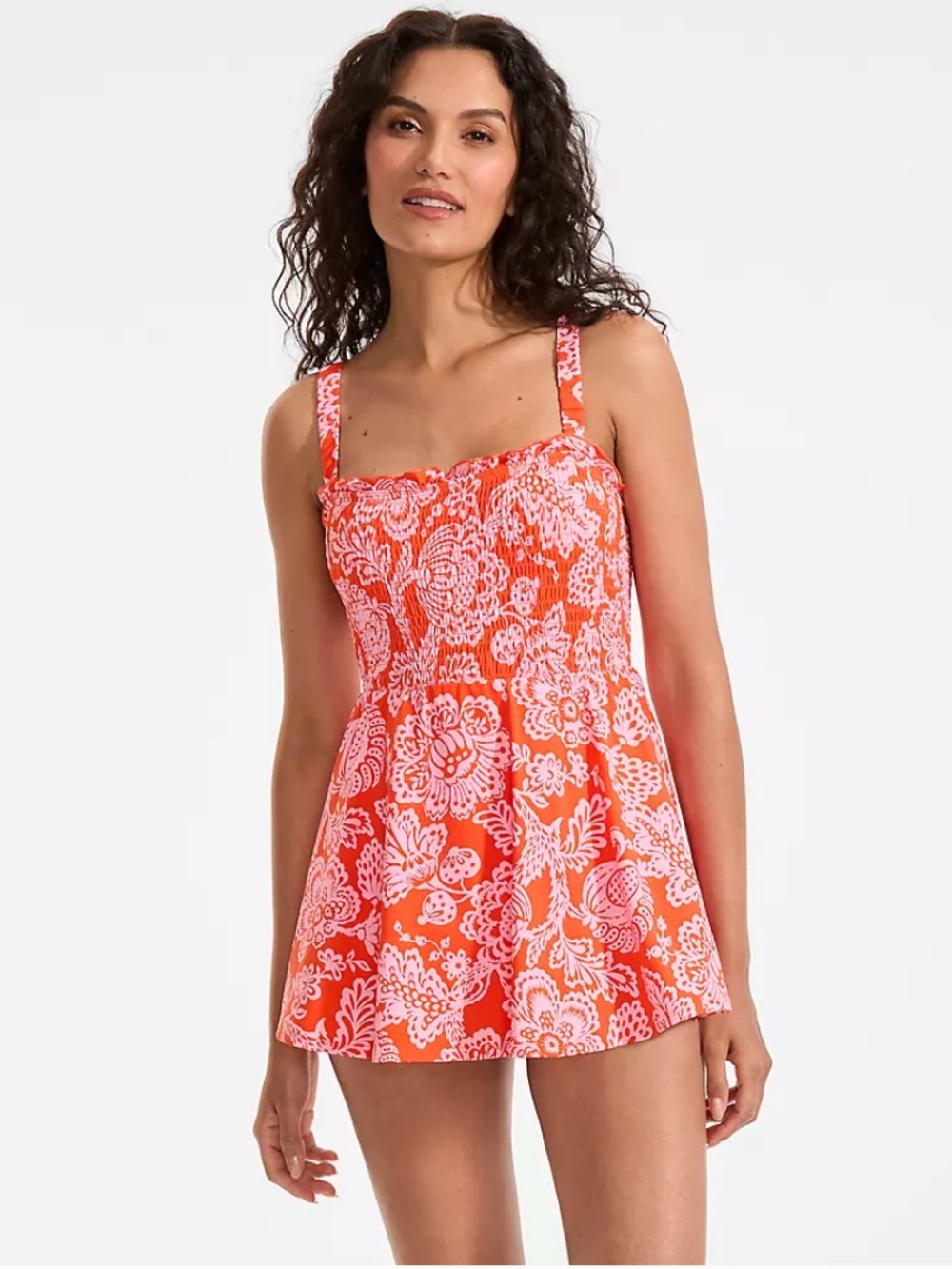 Womens Square Neck Smocked Mini Swim Dress